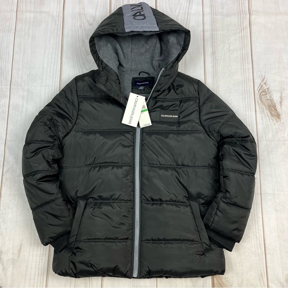 NWT Calvin Klein Jeans Fleece-Lined Hooded Puffer Jacket Black Sz L (14-16)